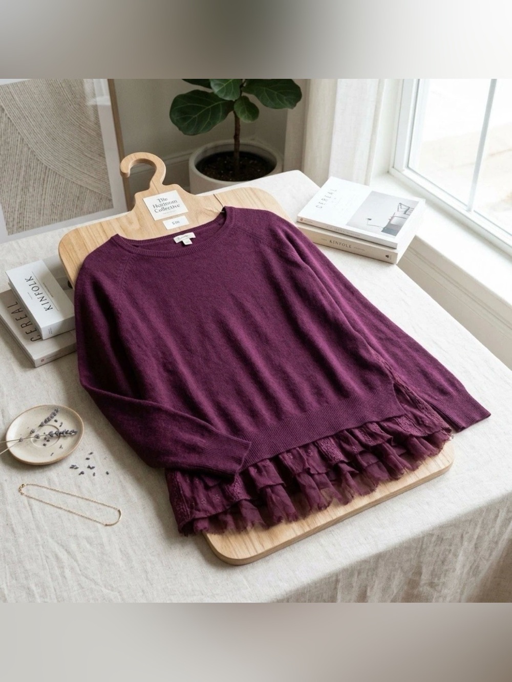 Garnet Hill Shirttail Cashmere Sweater Ruffle Detail Tan Burgundy Medium M